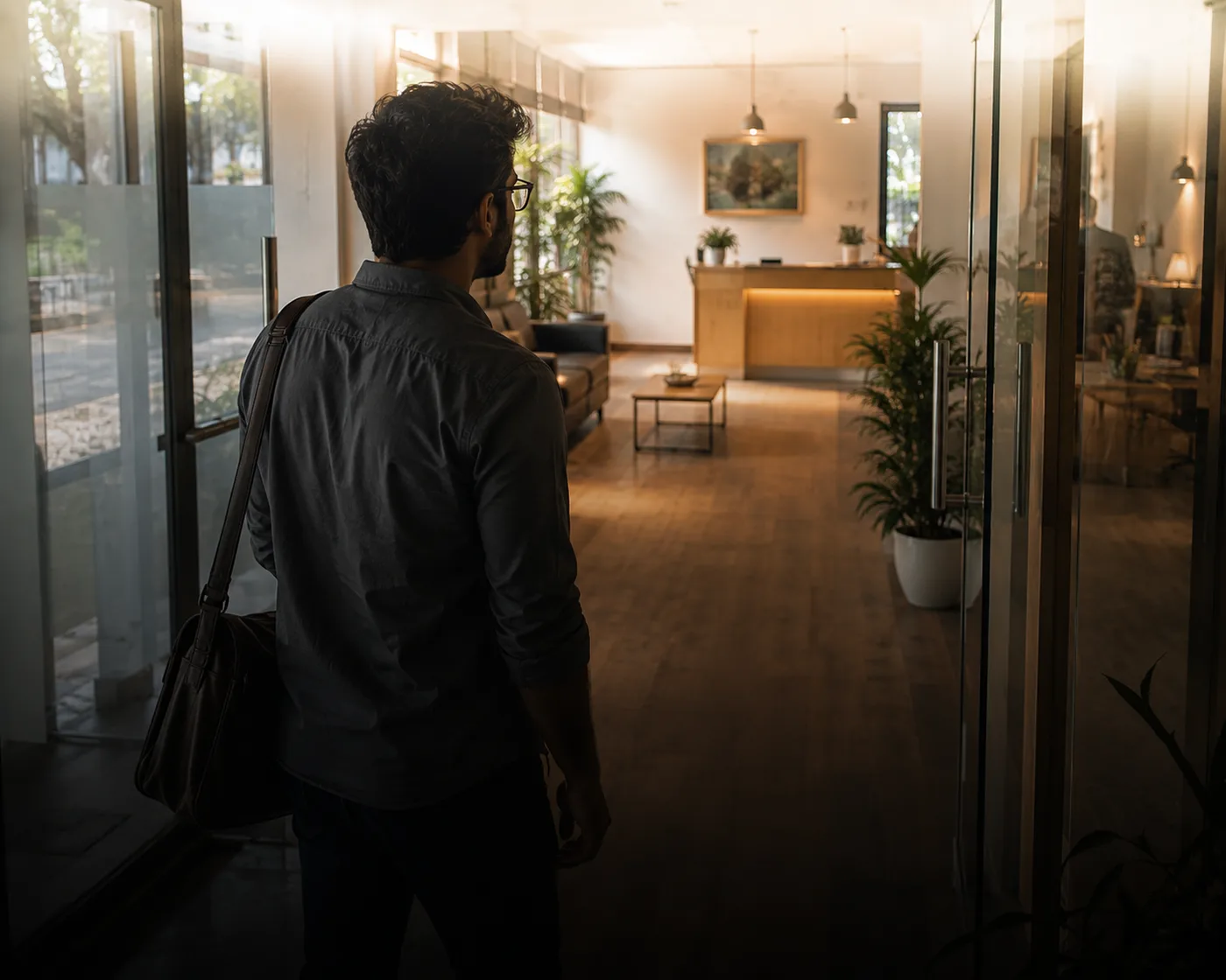 A woman arriving at a coworking floor with a laptop bag