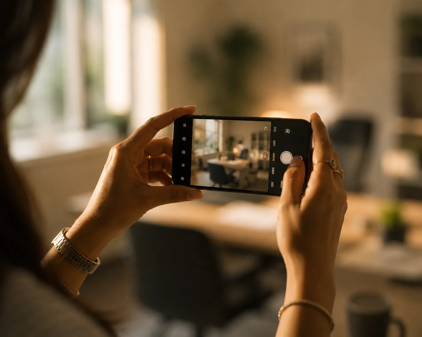 Hands holding a phone, photographing a workspace for a listing