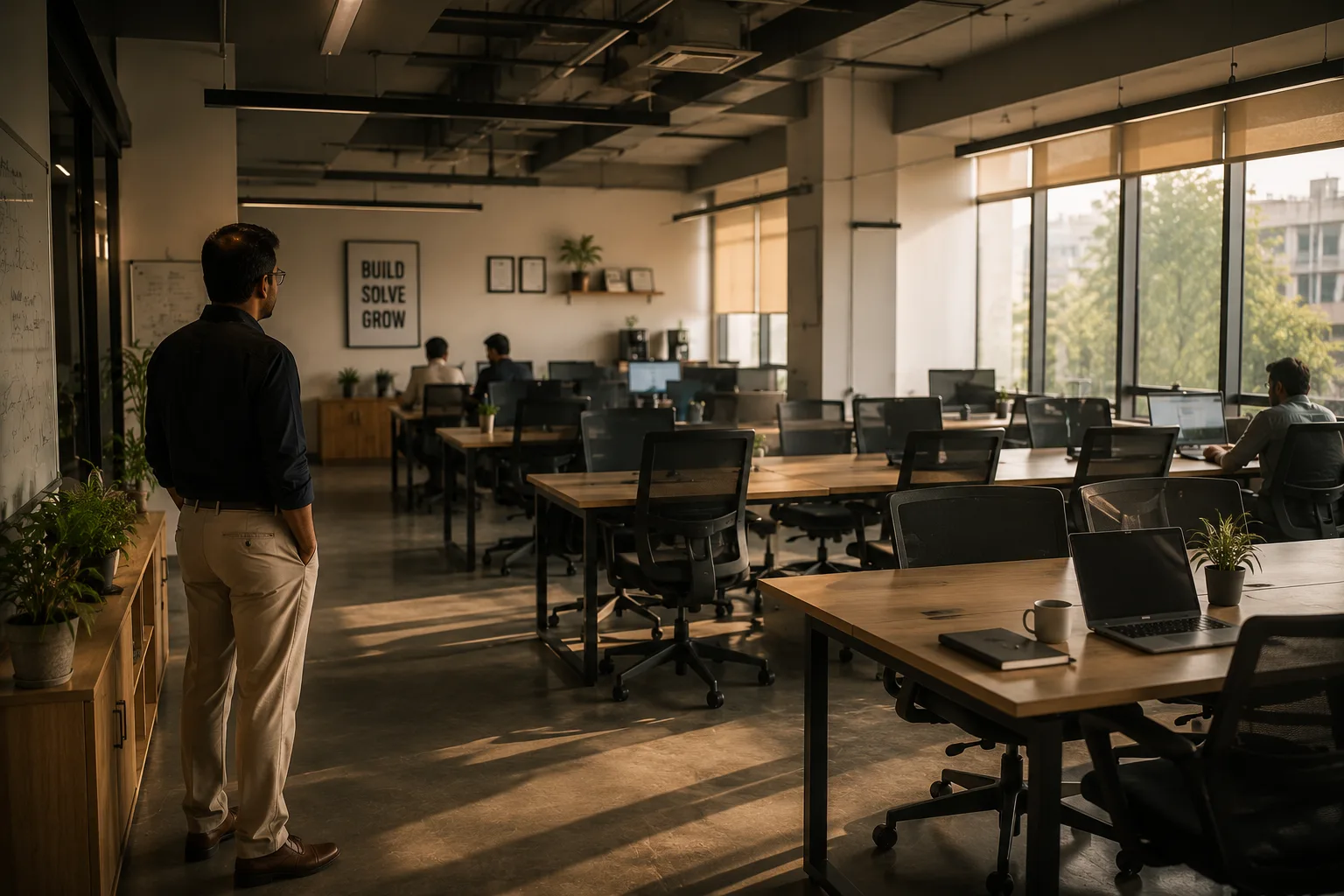 A business owner looking across an office where half the desks sit empty