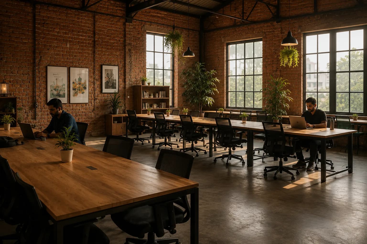 A warm brick coworking floor with long shared desks