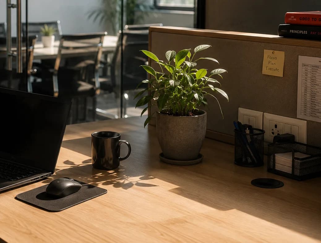 A well-kept desk in a verified workspace, warm light across the surface