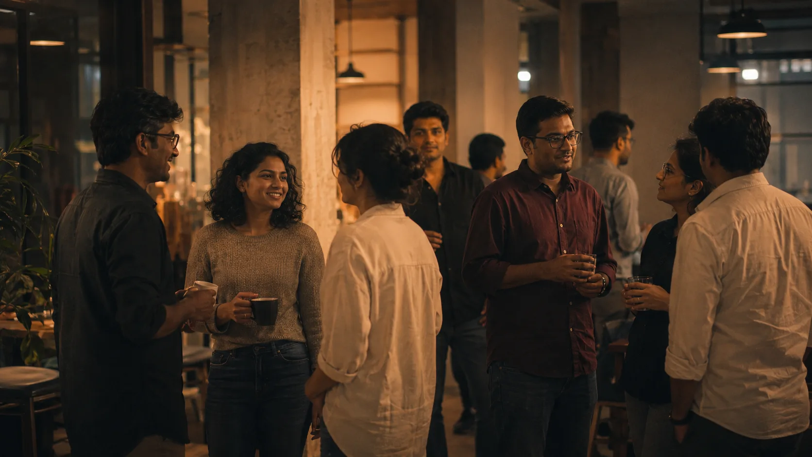 People talking at an evening meetup in a coworking space
